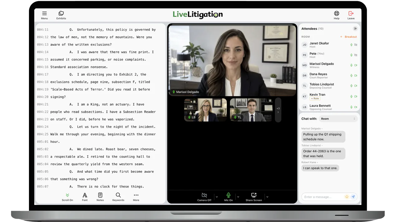 Online deposition platform on a laptop showing the witness on video beside the realtime transcript
