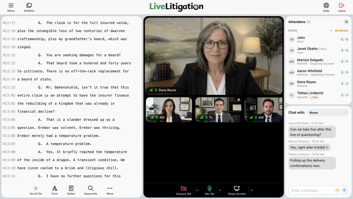 Realtime transcript beside the witness video and the attendee list in a remote deposition
