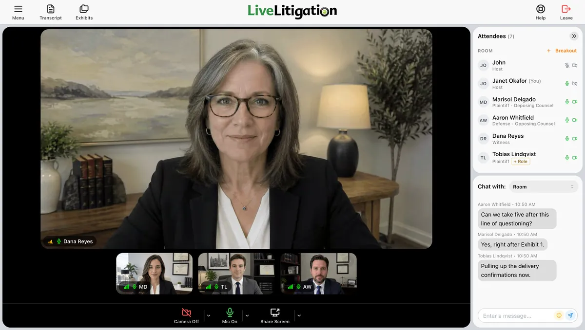 Deposition room with the witness on video and the attendee list showing each person's role and team