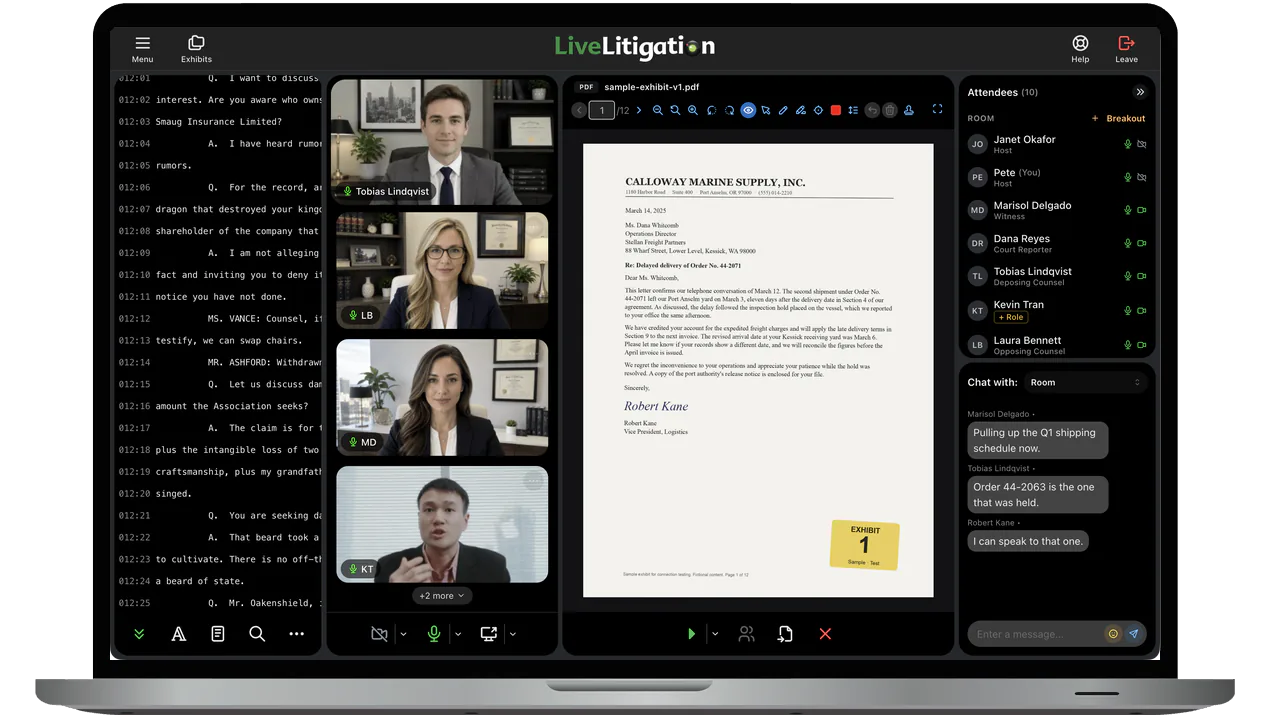 Online deposition platform on a laptop showing video, realtime transcript, and electronic exhibits